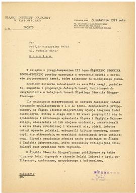 Pismo w sprawie III tomu Śląskiego Słownika Biograficznego