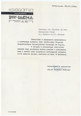 Pismo z działu wydawniczego Księgarni św. Jacka
