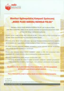 Manifest Ogólnopolskiej Kampanii Społecznej "Niskie Płace Barierą Rozwoju Polski"