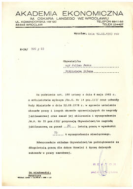 Pismo z Akademii Ekonomicznej im. O. Langego we Wrocławiu