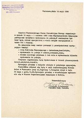 Pismo z Komitetu Warszawskiego Forum Chrześcijan Europy